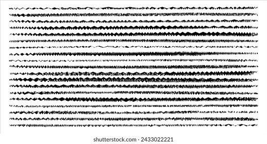 Set of wavy horizontal lines. Set of marker hand drawn line borders and doodle design elements. Hand drawn paint brush strokes lines. Vector isolated on white.	