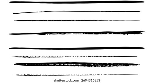 Conjunto de linhas horizontais onduladas. Padrão de borda de linha desenhada à mão do marcador