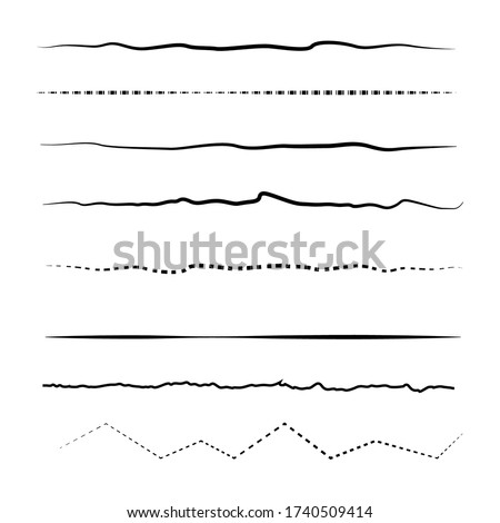 Set of wavy horizontal lines. Marker hand-drawn line border set and scribble design elements. Set of art brushes for pen. Hand drawn grunge brush strokes. Vector illustration, EPS 10.