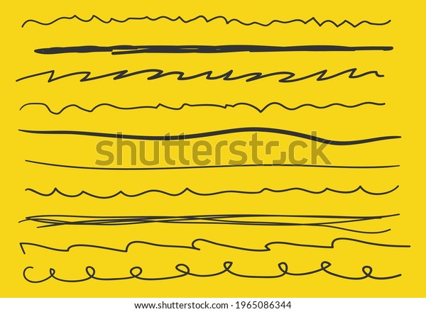 Set of\
wavy horizontal lines. Marker hand-drawn line border set and\
scribble design elements. Set of art brushes for pen. Hand drawn\
grunge brush strokes. Vector illustration, EPS\
10.