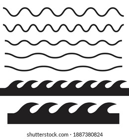 Set Of Wavy Horizontal Thin And Thick Lines. Waves Outline Icon. Wave Thin Line Symbol 