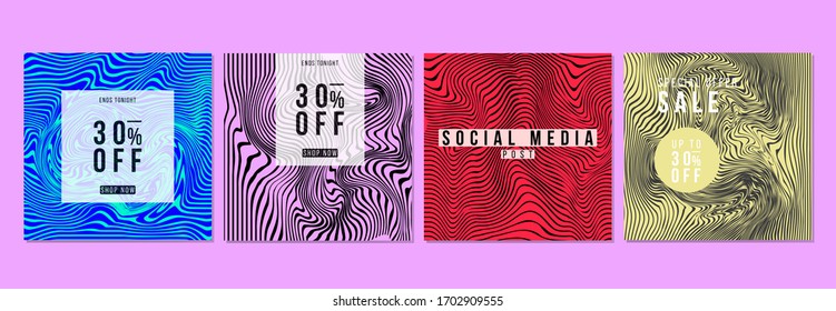 Conjunto de fondos de línea ondulada, publicaciones de medios sociales de moda, plantillas abstractas de arte cuadrado.Banner de venta, fondo de ondas de línea Adecuado para afiches, diseños de banners y anuncios web