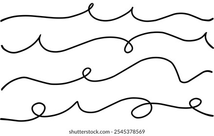 set of wavy line illustration with curvy abstract squiggles in a psychedelic wiggle design. curly line set