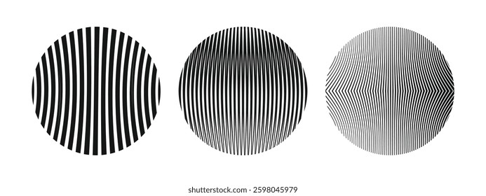 Set of wavy line spheres – abstract black and white abstract line patterns in round shapes, a radial variations