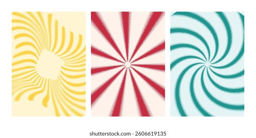 
Set of wavy line templates. Hand drawn groovy vector illustration. Distorted stripes directed to the center. Abstract background with halftones. Pop art comic book design. 