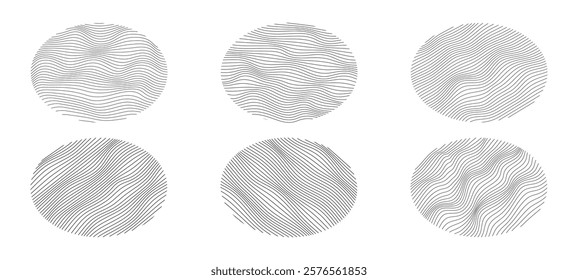 A set of wavy linear spheres. Abstract oval figures. Vector illustration