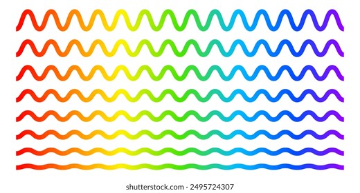 Set of wavy lines with rainbow print. Visible light spectrum curves. Multicolored undulated stripes isolated on white background. Wiggly borders with gradient effect. Vector illustration.