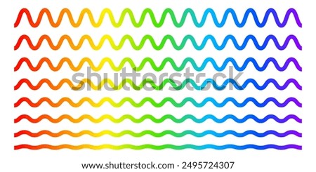 Set of wavy lines with rainbow print. Visible light spectrum curves. Multicolored undulated stripes isolated on white background. Wiggly borders with gradient effect. Vector illustration.