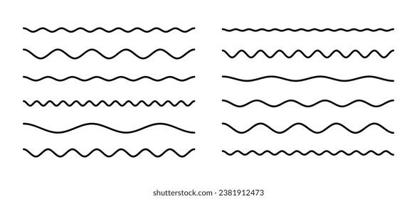 Set of wavy lines. Various horizontal wave lines isolated on white background. Collection of abstract underlines, wavy curve line for brushes. Geometric decoration element. Vector illustration