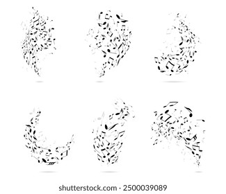 Set of wavy music notes with shadow. Vector sound elements curve or mensural musical notation swirl. Artistic harmony decoration. Orchestra tune and concert instruments tone. Festival performance