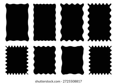 Satz von gewellten organischen Rechtecken und Quadraten. Zick-Zack-Vektorrechteckige Wellen mit Textur, unregelmäßige Textfelder. Geometrische Zickzack wellige Rand Aufkleber.