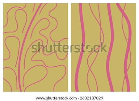 Set of wavy pink lines on green background. Abstract soft pink hand-drawn lines of floral and smooth shapes. Vector illustration. Artistic design for wallpaper, banner or placard