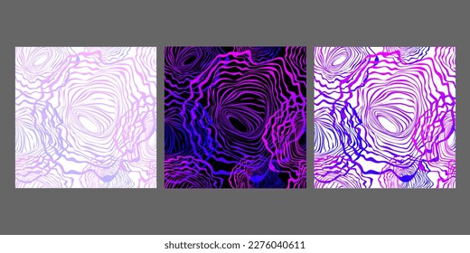 Set wavy psychedelic pattern with blue-pink and pastel gradient on black and white background