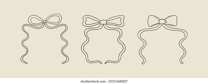 Set of wavy and quirky abstract vintage bow frames. Vector hand drawn line illustration of ribbons