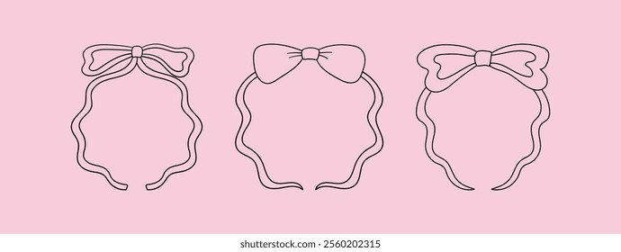 Set of wavy and quirky abstract vintage bow frames. Vector hand drawn outline illustration of ribbons