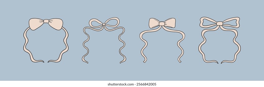 Set of wavy and quirky abstract vintage bow frames. Vector hand drawn outline illustration of ribbon bowknots. Cliparts for valentine's day, birthday, wedding, christmas designs