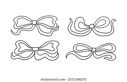 Set of wavy and quirky bows. Vector line illustration of holiday ribbons. Coquette aesthetic vintage style