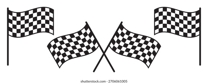 Set von welligen Rennflaggen mit kariertem Schwarz-Weiß-Druck. Start- oder Endsignalsymbole bei Sportwagenwettbewerben. Karting, Rallye oder Motocross-Requisiten. Vektorgrafik.