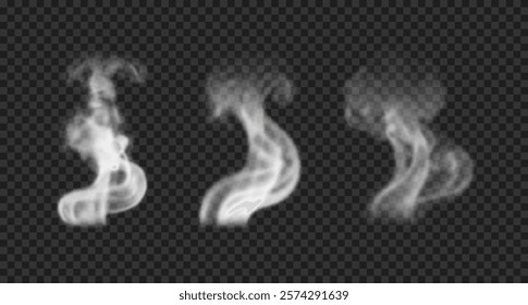 Set of wavy realistic smoke, steam, fog. White incense smoke, vapor isolated on transparent background