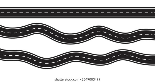 Set von Wavy Road Draufsicht, kurvig Wavy Kurven Straßen und horizontalen Weg. Horizontale Asphaltstraßenvorlage. Flache Vektorgrafik Kurven Asphaltstraße einzeln - Vektorgrafik
