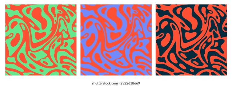 Set of wavy seamless patterns. Trippy design. Abstract vector backgrounds in psychedelic colors. Retro aesthetic.