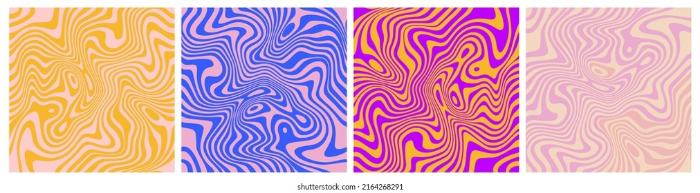Set of Wavy Seamless Trippy Patterns in Psychedelic Colors. Abstract Vector Swirl Backgrounds. 1970 Aesthetic Textures with Flowing Waves