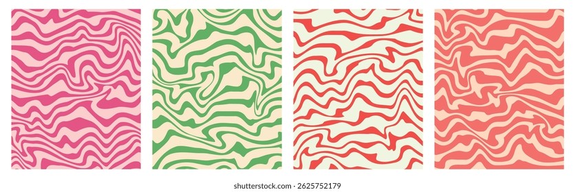 Set of wavy seamless trippy patterns. Abstract background with colorful waves. Trendy vector illustration in style retro 60s, 70s.