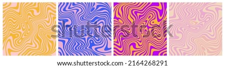 Set of Wavy Seamless Trippy Patterns in Psychedelic Colors. Abstract Vector Swirl Backgrounds. 1970 Aesthetic Textures with Flowing Waves