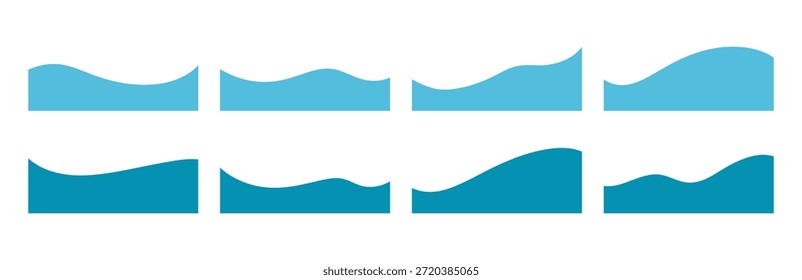 Un conjunto de Formas onduladas de separadores, pie de página para un Anuncio, una página de Web, un encabezado. Ondas de fragmento de fondo abstracto gráfico azul para texto, etiquetas, marcos, diseño plano, Ilustración vectorial