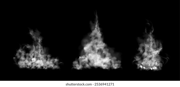 Set of wavy smoke from incense, hookah or cigarettes. Vector solid particles and liquid droplets suspended in air, produced by burning materials, design elements. White fluid steam, fog, haze