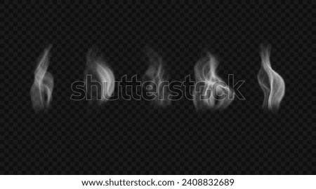 Set of wavy smoke from incense, hookah or cigarettes. Vector design elements. White fluid steam, fog, haze 