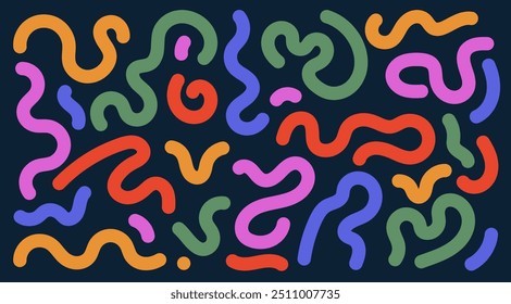 Set of Wavy Squiggle Element. Template Squiggle colorful doodle. Big set of abstract shapes, drawn bold squiggles. Design element Vector illustration. Isolated on white background.