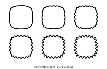 Set of wavy squircles or square frames with rounded borders. Simple geometric curvy shapes isolated on white background. Blank tag or box templates with empty space. Vector graphic illustration.