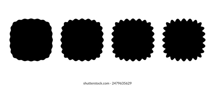 Set of wavy squircles or square shapes with rounded borders. Simple geometric scalloped shapes isolated on white background. Blank wiggly tag or box templates. Vector graphic illustration.