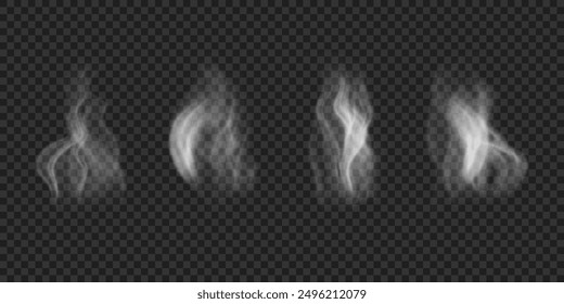 Set of wavy steam on water, tea, coffee, food. Realistic icons of white hot smoke isolated on transparent backdrop