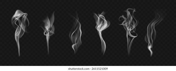 Set of wavy steam on water, tea, coffee, food. Realistic icons of white hot smoke isolated on transparent backdrop