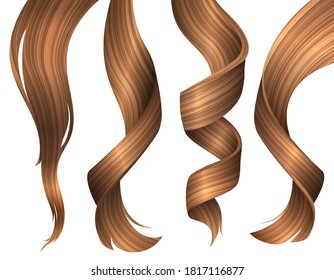 Set of Wavy Strands of Blonde Hair. Vector Realistic 3d Illustration. Design Element for Hairdressers, Beauty Salons, Hair Care Cosmetics, Shampoo or Conditioner Packaging