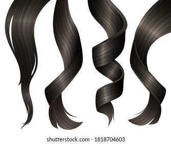 Set of Wavy Strands of Brunette Hair. Vector Realistic 3d Illustration. Design Element for Hairdressers, Beauty Salons, Hair Care Cosmetics, Shampoo or Conditioner Packaging