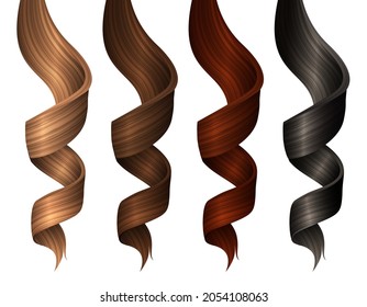 Set of Wavy Strands of Colorful Hair Locks. Vector Realistic 3d Illustration. Design Element for Hairdressers, Beauty Salons, Hair Care Cosmetics, Shampoo or Conditioner Packaging