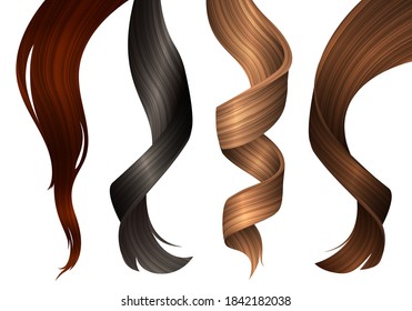 Set of Wavy Strands of Different Coloring Hair. Vector Realistic 3d Illustration. Design Element for Hairdressers, Beauty Salons, Hair Care Cosmetics, Shampoo or Conditioner Packaging