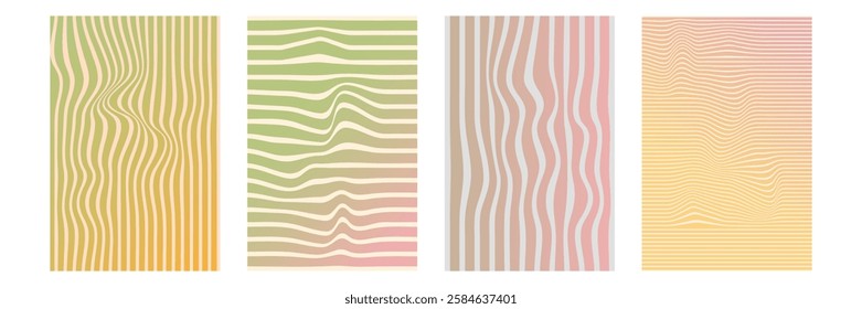 Set of wavy stripes. groovy hippie background.  Smooth liquid wavy lines, doodles. Soft retro gradient background