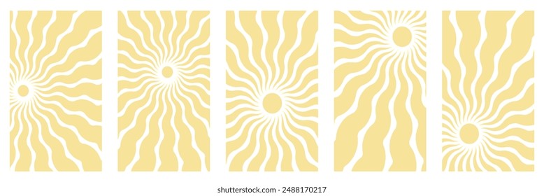 Set of wavy and sun rays backgrounds in warm retro autumn colors. Groovy hippie backdrop. Retro 60s 70s psychedelic wavy design. Vector collection of wallpaper templates.