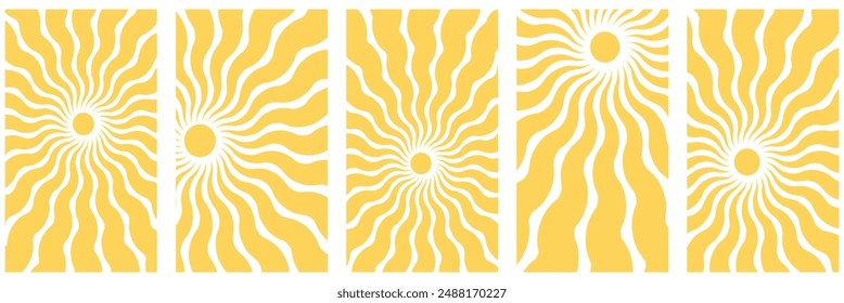 Set of wavy and sun rays backgrounds in warm retro autumn colors. Groovy hippie backdrop. Retro 60s 70s psychedelic wavy design. Vector collection of wallpaper templates.