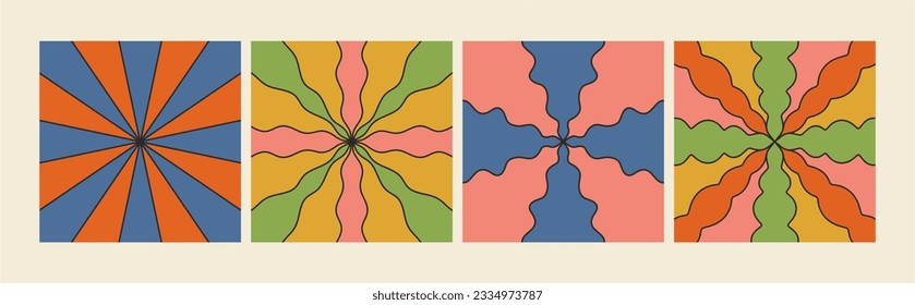 Set of wavy swirl patterns. Hand drawn vector illustration. Seventies style, groovy background, wallpaper, print. Flat design, hippie aesthetic.