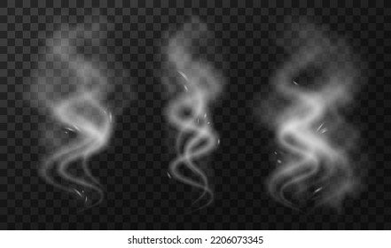 Set of wavy transparent smoke. The effect of white steam, fume and fog