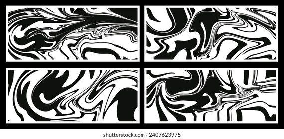 Set of wavy trippy patterns in black on a white background. Vector abstract background. Aesthetic texture with flowing waves in the style of the 1970s.