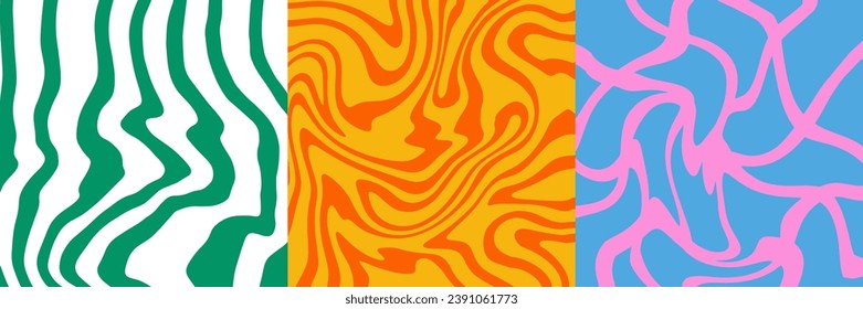 Set of Wavy Trippy Patterns in Duotone Psychedelic Colors. Abstract Swirl Backgrounds. 1970 Aesthetic Textures with Flowing Waves. Vector