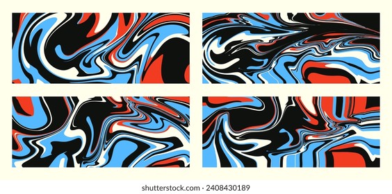 Set of wavy trippy patterns in psychedelic colors. Vector abstract background. Aesthetic texture with flowing waves in the style of the 1970s.