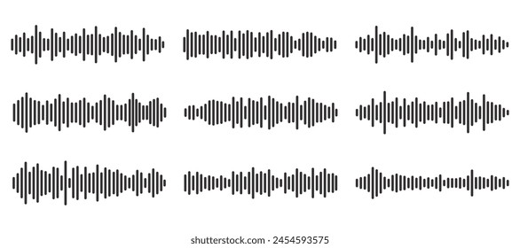 Set of wavy, vibrating and pulsating lines. Podcast sound waves. Waveform pattern for music player, podcast, voice message, music app. Audio wave icon. Isolated vector illustration.