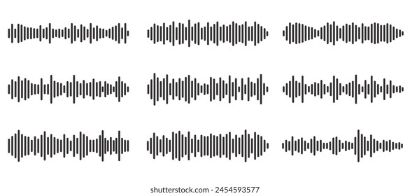 Set of wavy, vibrating and pulsating lines. Podcast sound waves. Waveform pattern for music player, podcast, voice message, music app. Audio wave icon. Isolated vector illustration.